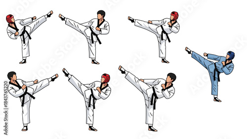 Diverse martial arts practitioners performing high kicks in training and sparring sessions