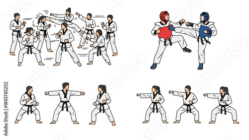Illustration of Diverse People Practicing Martial Arts and Fitness Activities