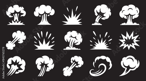 Smoke illustration set for special effects template. Explosion, bomb, steam clouds, mist, fume, fog, dust, dash,or vapor 2D VFX Clipart element for animation