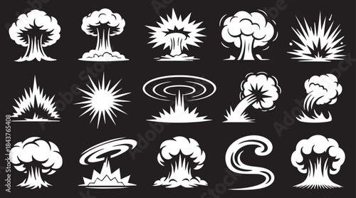 Smoke illustration set for special effects template. Explosion, bomb, steam clouds, mist, fume, fog, dust, dash,or vapor 2D VFX Clipart element for animation