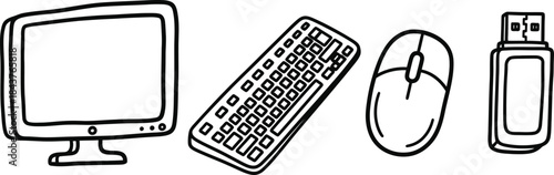 A set of four hand-drawn doodle icons on a single image a wobbly desktop monitor, a crooked keyboard, a rough computer mouse, and an imperfect USB drive