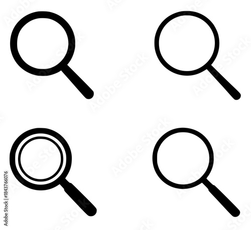 Icons for education, 4 magnifying glass illustrations, black, transparent background