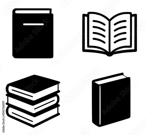 Icon for education, 4 book illustrations, black, transparent background