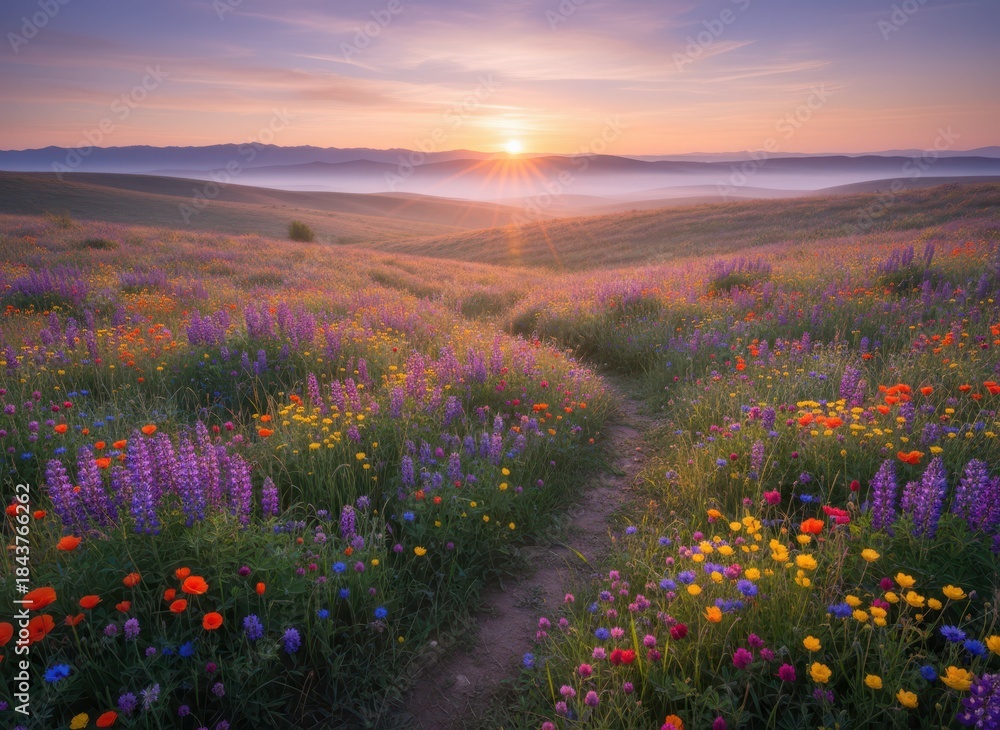 Obraz premium Sunrise Over Vibrant Wildflower Field with Path in Soft Light