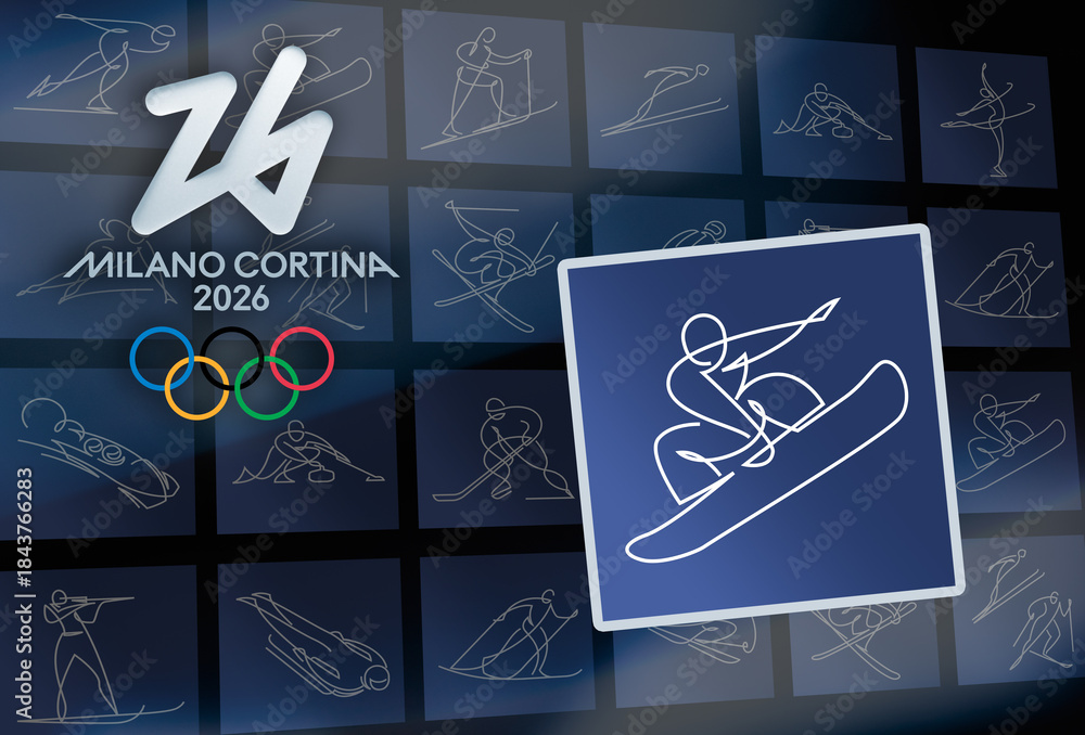 Fototapeta premium MILAN, ITALY, DECEMBER 12, 2025. The official Snowboard pictogram displayed on a blue square tile in front of the Milano Cortina 2026 Winter Olympic Games branding background and logo identity