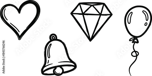 A set of four hand-drawn doodle icons on a single image a wobbly heart, a crooked diamond, a rough bell, and an imperfect balloon