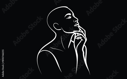 White line profile of a woman touching her chin on black