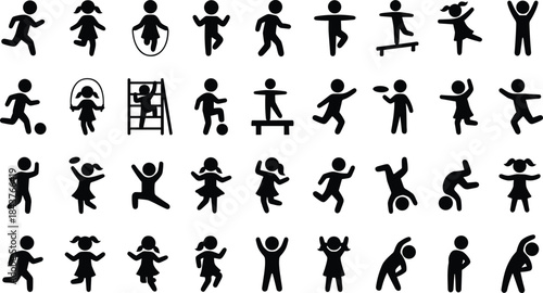 Children activity silhouette icon set, black playful movement and posture illustration, physical education and recreational motion concept graphic