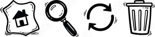 A set of four hand-drawn doodle icons on a single image a wobbly home button, a crooked search magnifying glass, a rough refresh arrow, and an imperfect trash can