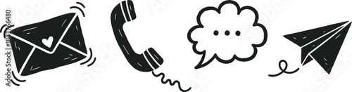 A set of four hand-drawn doodle icons on a single image a wobbly mail envelope, a crooked phone receiver, a rough chat bubble, and an imperfect paper airplane