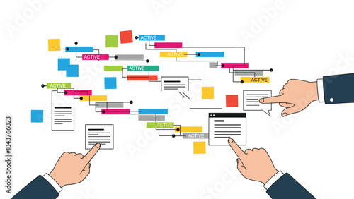 Overhead view of three pairs of human hands interacting with a dynamic project management flowchart, featuring colorful "ACTIVE" blocks and detailed information boxes.