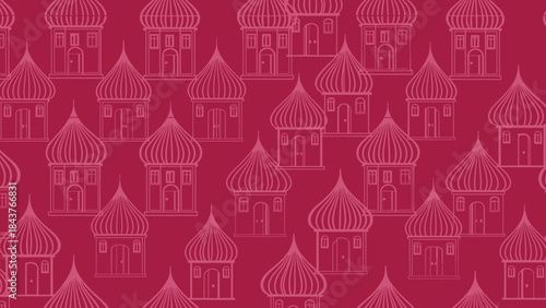 Seamless pattern featuring cute, intricate outline drawings of traditional Russian-style houses with onion domes on a vibrant fuchsia background.