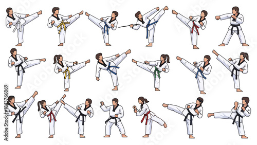 Dynamic Collection of Martial Arts Practitioners Performing Kicks and Movements