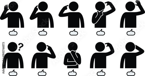 Gesture and speech bubble silhouette set, black expressive figure illustration, non-verbal communication and emotional cue concept graphic