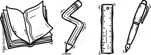 A set of four hand-drawn doodle icons on a single image a wobbly open book, a crooked pencil, a rough ruler, and an imperfect pen
