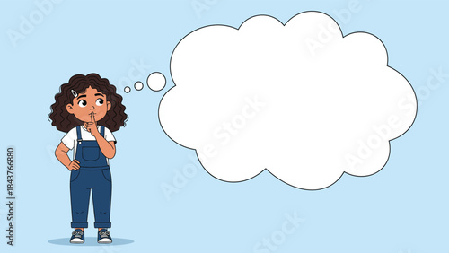 Adorable young girl with curly hair making a "shush" gesture with her finger, standing next to a large empty thought bubble on a pastel blue background.