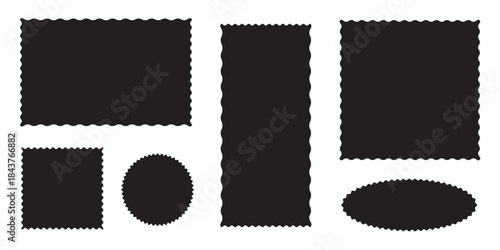 Whimsical Coquette wavy edge stickers rectangle, oval and circle shapes. Vector jagged geometric designs. Abstract Rectangle, square frames with wiggly borders. Rectangle shape frame with zigzag edge