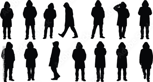 Hooded figure silhouette pose set, black expressive posture and stance illustration, character design and motion reference concept graphic