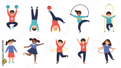 Joyful collection of diverse children actively participating in a variety of sports and fun physical activities, including jumping, handstands, and skipping rope.