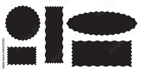Whimsical Coquette wavy edge stickers rectangle, oval and circle shapes. Vector jagged geometric designs. Abstract Rectangle, square frames with wiggly borders. Rectangle shape frame with zigzag edge