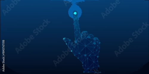 Abstract digital hand touching a glowing point in a dark blue space