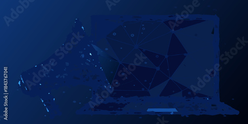 Abstract geometric design with a dark blue laptop and polygonal shapes
