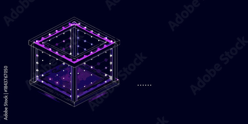 Isometric purple neon cube with glowing lines and particle effects on black