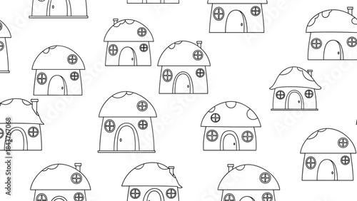 Whimsical seamless black and white outline pattern featuring charming mushroom-shaped houses with round doors and windows, creating a magical village look.