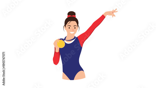 Graceful female gymnast in a striking blue and red leotard, proudly holding a shining gold medal and striking a triumphant, celebratory pose.