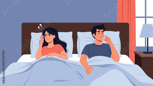 Troubled couple lying back-to-back in bed, both appearing confused and withdrawn, symbolizing significant relationship problems and communication breakdown.
