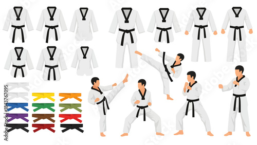 Diverse Martial Arts Practitioners in Traditional Uniforms Demonstrating Techniques