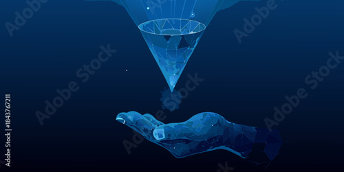 A glowing digital hand reaches for a descending light cone projection