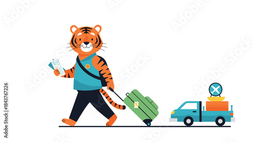 Adventurous cartoon tiger dressed as a tourist, confidently pulling a green wheeled suitcase, with a small pickup truck full of additional luggage following.