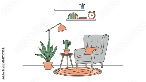 Cozy and inviting living room interior, complete with a comfortable armchair, a stylish floor lamp, a side table, plants, and shelves filled with books.