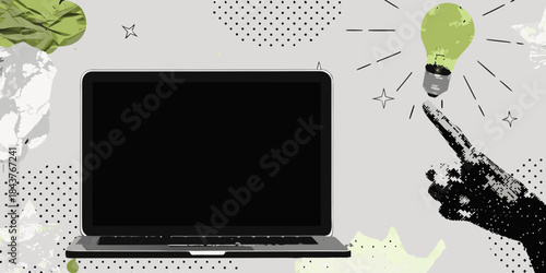 Laptop screen with a glowing lightbulb and pointing hand illustration