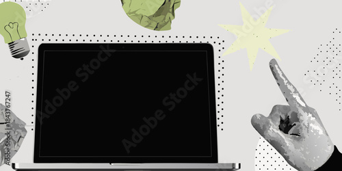 Laptop screen with pointing hand lightbulbs and starburst graphic design
