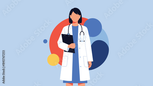 Professional female doctor with dark hair, wearing a white lab coat and stethoscope, holding a clipboard against a vibrant background of colorful abstract circles.