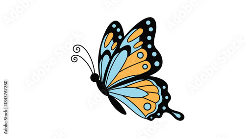 Beautiful and vibrant butterfly with striking blue, orange, and black patterned wings, captured mid-flight against a pristine white background.