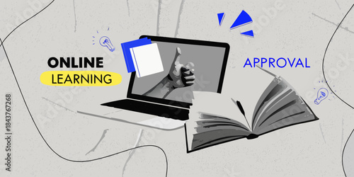 Online learning concept with laptop open book and approval illustration