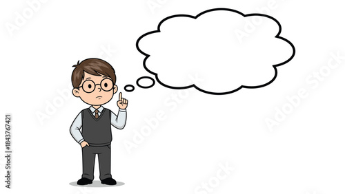 Adorable cartoon boy wearing glasses and a vest, striking a thoughtful pose with a finger pointing up, contemplating an idea next to an empty thought bubble.
