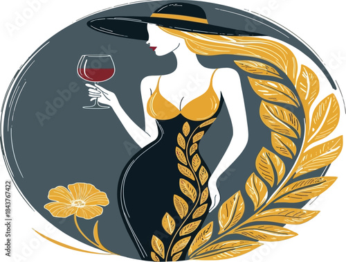 Woman in hat holding wine glass with floral