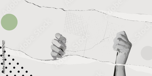 Hands tearing paper with a maze abstract design and geometric shapes