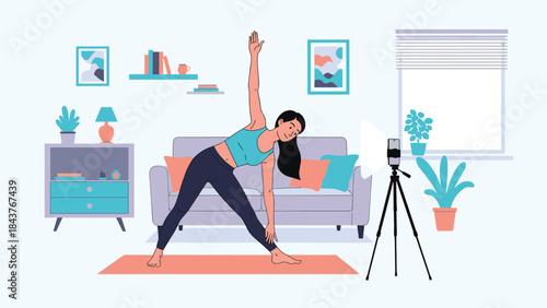 Focused woman performing a serene triangle yoga pose in her bright living room, with a smartphone on a tripod, possibly recording an online class or tutorial.