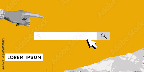 A hand pointing towards a search bar and cursor on a yellow background