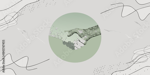 A symbolic handshake within a green circle abstract lines create a background