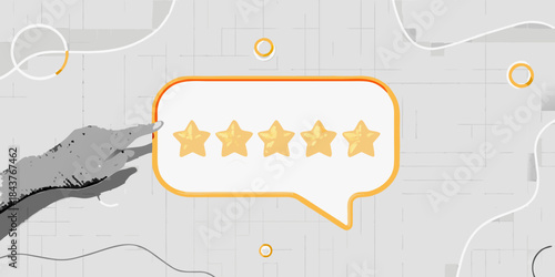 Hand pointing to a speech bubble with five golden stars representing a rating