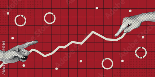 Hands tracing a fluctuating line against a red grid background