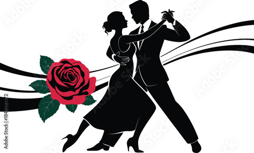 Black silhouette couple dancing tango with red rose