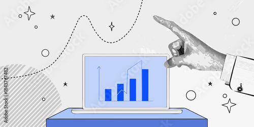 Pointing to growth analyzing data and trends on a laptop screen