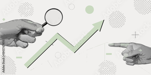 Analyzing growth trends a hand with a magnifying glass and rising arrow